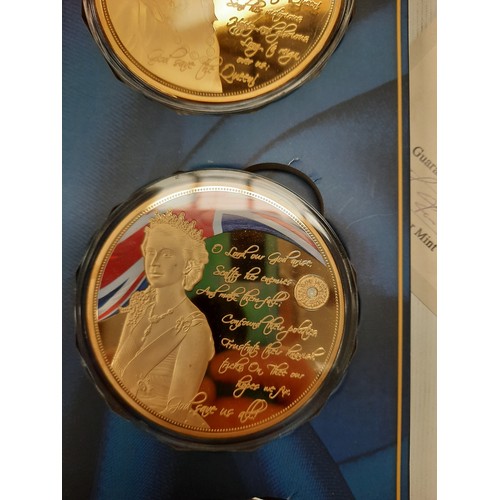 261 - God save the Queen national anthem giant gold coin collection with 3 gold plated with pad print & Sw... 