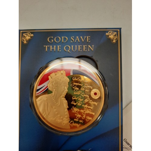 261 - God save the Queen national anthem giant gold coin collection with 3 gold plated with pad print & Sw... 