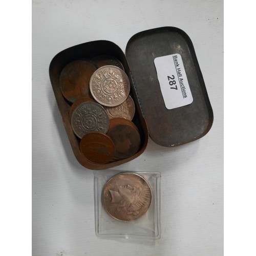 287 - Tin of various old coins inc American dollar