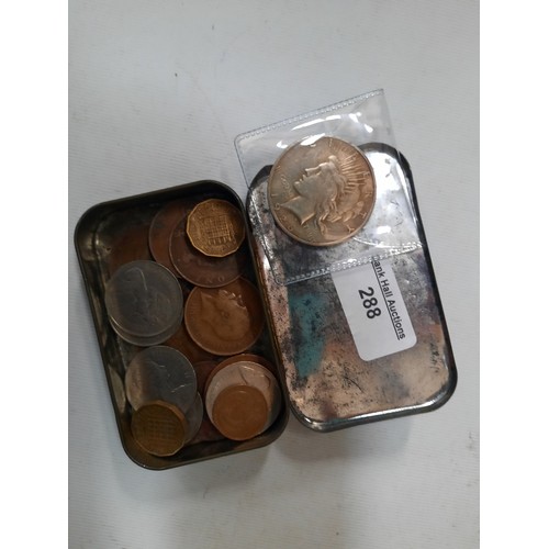 288 - Tin of various old coins inc American dollar