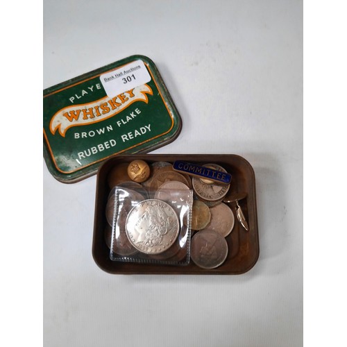 301 - Tin of old various coins inc American dollar