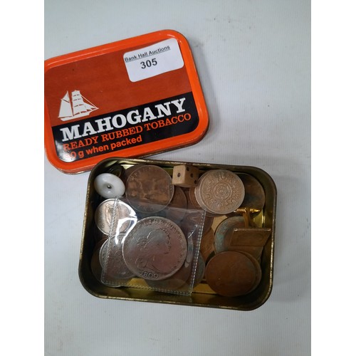 305 - Tin of old various coins inc American dollar