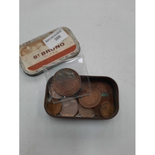 306 - Tin of old various coins inc American dollar