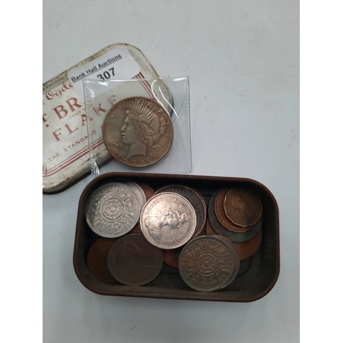 307 - Tin of old various coins inc American dollar