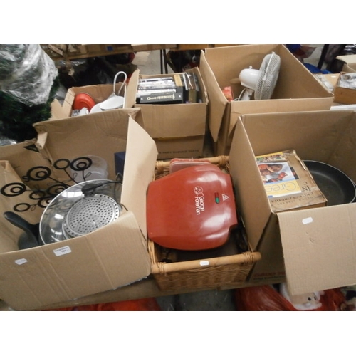 121 - Three boxes inc halogen cooker, George Foreman grill, toaster, Bush radio, frying pans, candles, etc