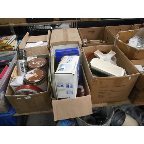 151 - Four boxes inc assorted tins, iron, kitchen accessories, etc