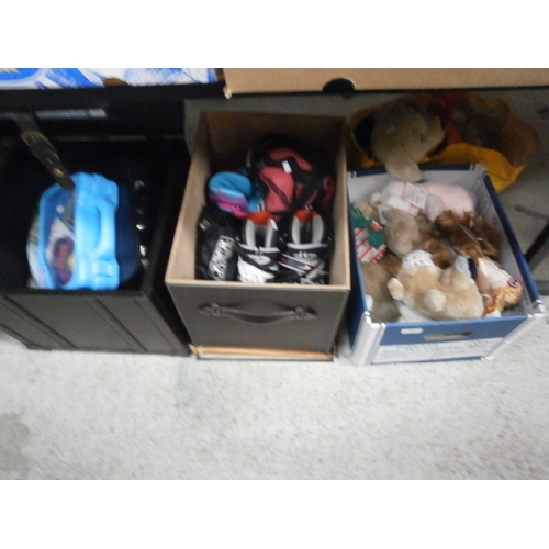 158 - Three boxes inc soft toys, roller skates, toys, rugby ball, etc