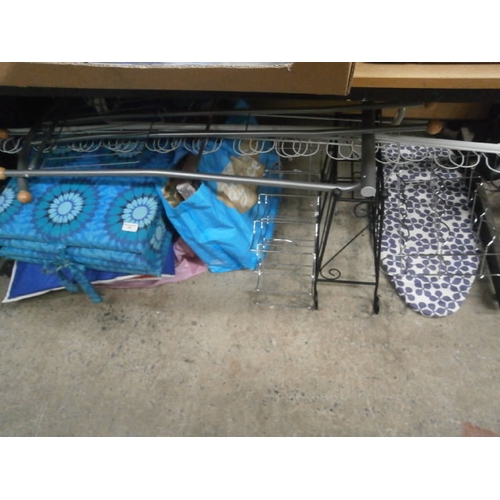 189 - Lot inc cushions, wine rack, clothes airer, small ironing board, etc