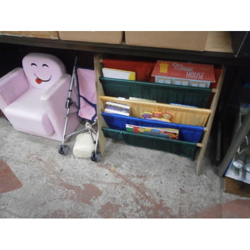 327 - Lot inc kids chair, toy pram, book shelf and books