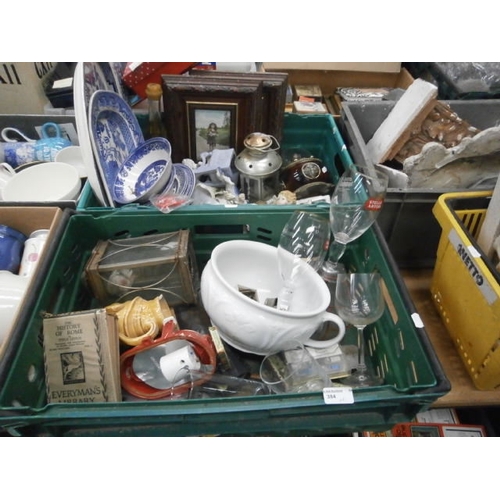 384 - Two boxes inc Blue & white pottery, ornaments, whistle, candle lantern, etc