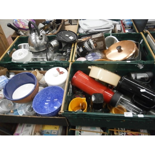 387 - Four boxes inc food slicers, baking trays, large bowls, flasks, etc