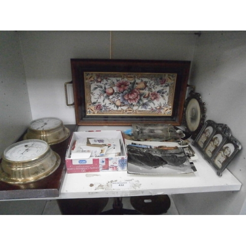 432 - Lot inc tile top serving tray, barometer, picture frames, stamps, etc