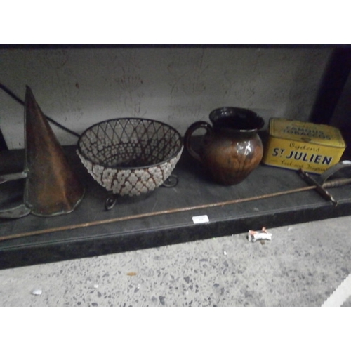 437 - Lot inc ornamental sword, St Julien tobacco tin, copper pot, etc