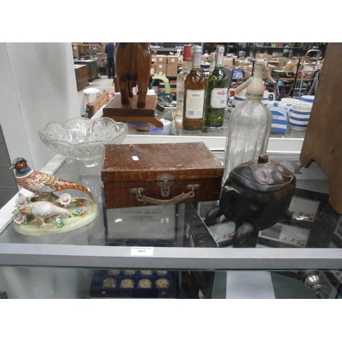 463 - Lot inc Crown Staffordshire pheasant figurine, glass bowl, soda syphon, small aluminium case contain... 