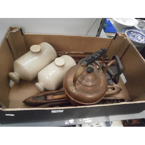 468 - Box inc copper kettle., flat irons, stoneware water bottles, shuttles, etc