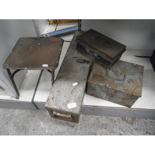 469 - Lot inc three assorted metal storage boxes and copper stool ( missing a leg ).