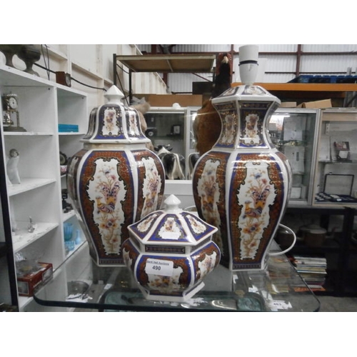 490 - Three piece oriental matching vases and lamp