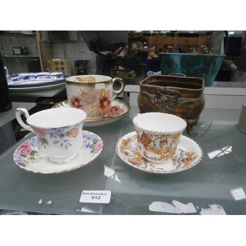 512 - Lot inc Three cups and saucers inc King Edward VII, Royal Albert Beatrice, etc and copper box