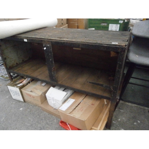 604 - Large vintage metal framed workbench with solid wooden top