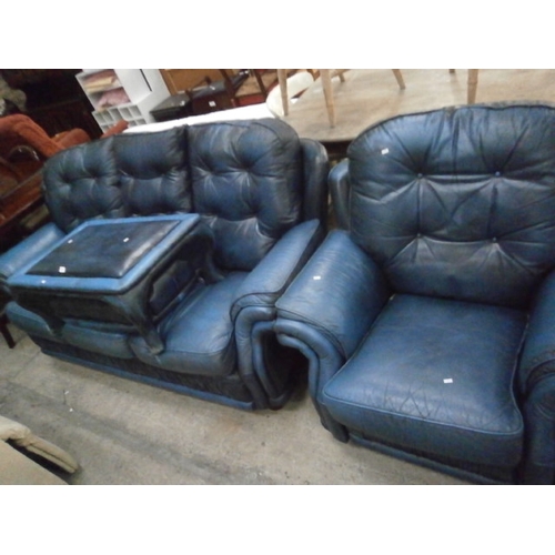 629 - Blue leather button back 3 piece suite with 3 seater settee, recliner armchair and a large storage s... 