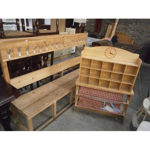 658 - Large pine nursery coat stand bench and a storage stand