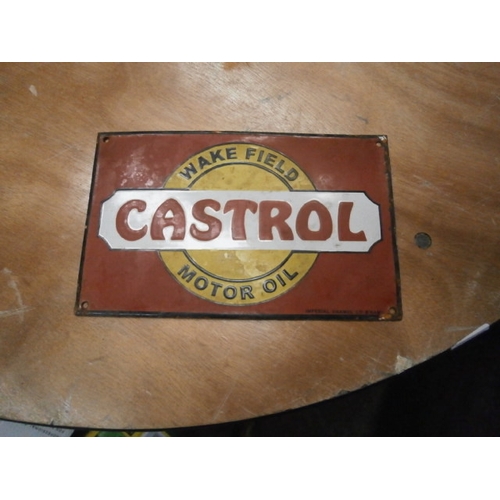 552 - Enamel Castrol motor oil sign, Red Background 11 x 7 inch