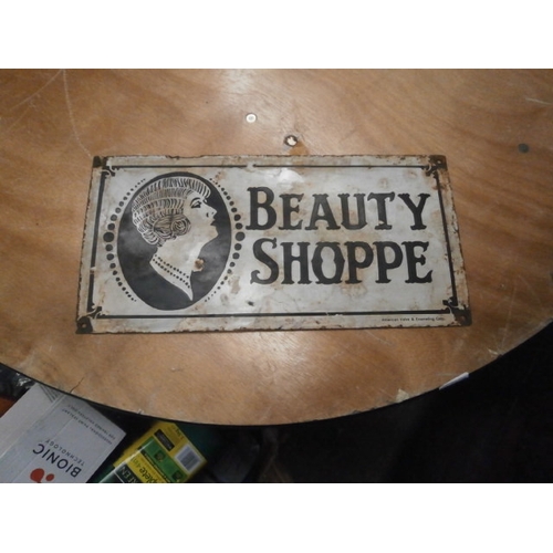 554 - Enamel Beauty shoppe sign 18 x 9 inch