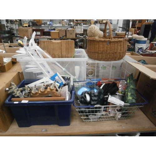 173 - Lot inc rodent cage, toys, ornaments, wicker basket, etc