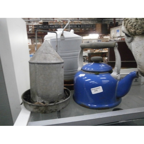 370 - Lot inc old Le Creuset metal kettle and old chicken feeders