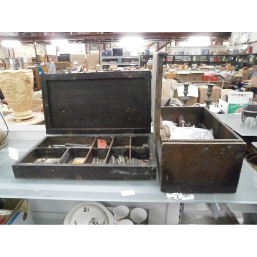 377 - Two old wooden tool boxes containing tools and hardware