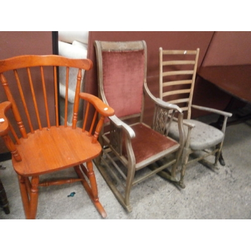 609 - 3 x vintage wooden rocking chairs - one broken arm