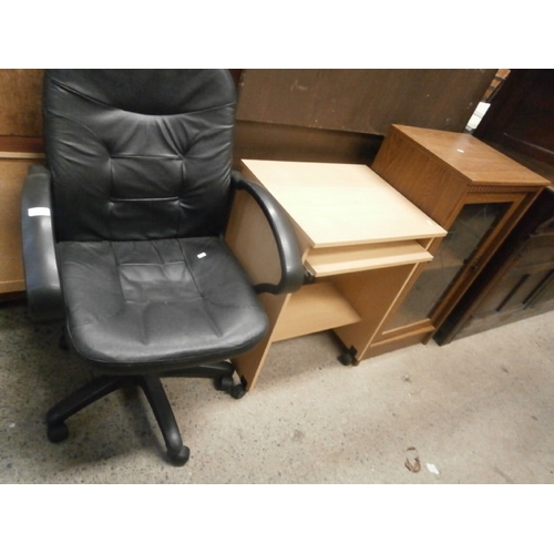 655 - A vintage glazed cabinet, small computer stand trolley and a swivel office chair