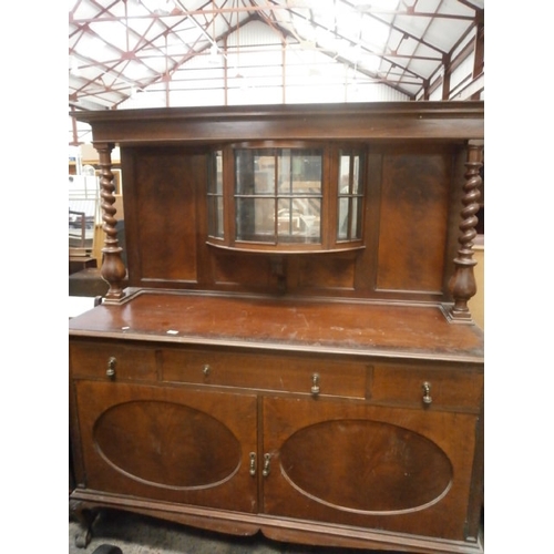 685 - Large antique 3 drawer mahogany sideboard with glazed mirror back upstand, Barley Twist supports and... 