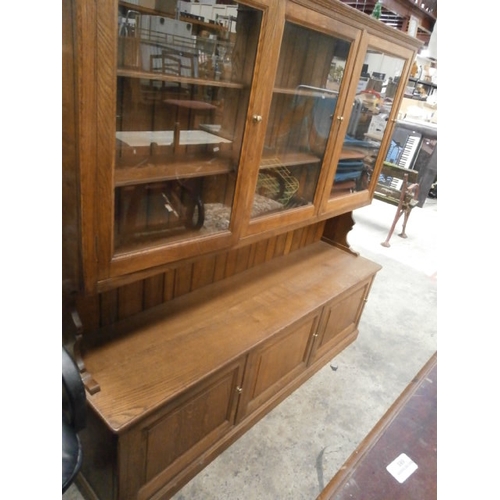 690 - Large vintage glazed oak wall unit on triple cupboard base