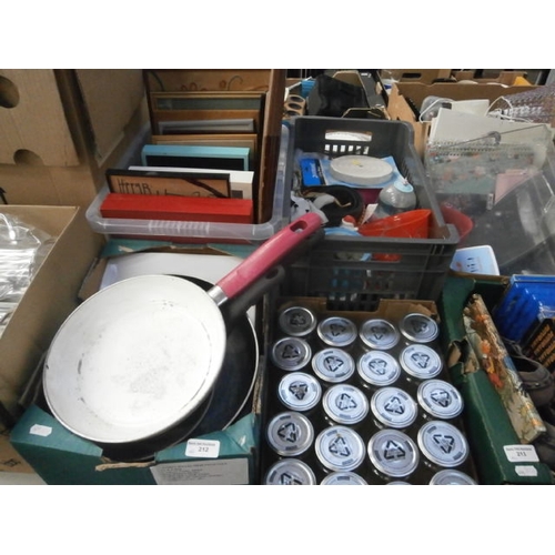 212 - Four boxes inc picture frames, jam jars, frying pans, crockery, etc