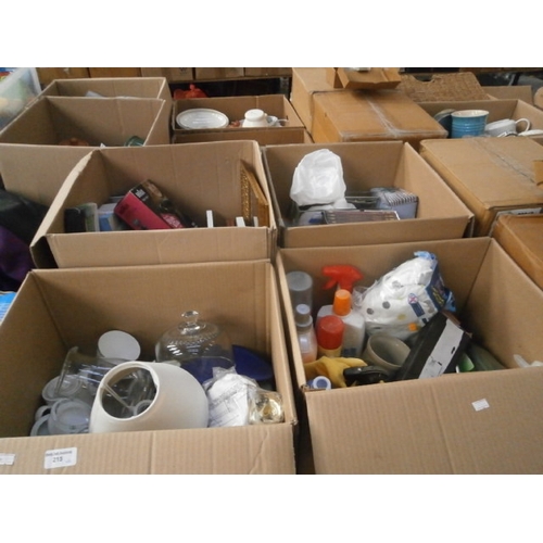 215 - Four boxes inc household chemicals, picture frames, stoneware pots, books, sunglasses, etc