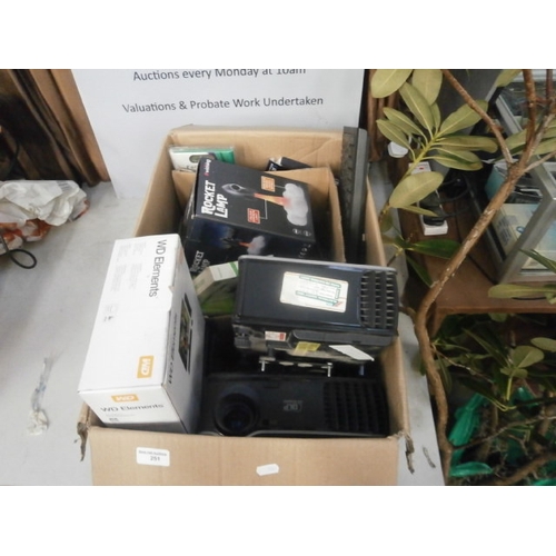 251 - Box inc projectors, card shuffler, rocket lamp, keyboard, etc