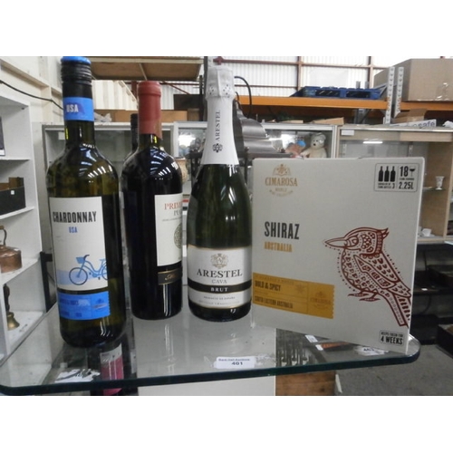 401 - Three bottles and box of unopened wine