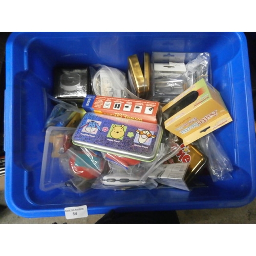 54 - Box of assorted gadgets inc small radios, pocket torches, etc