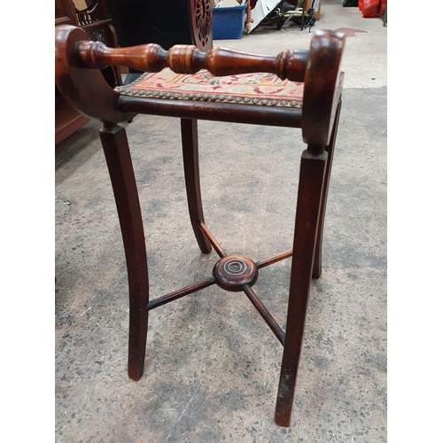 603 - Vintage wooden stool with tapestry seat