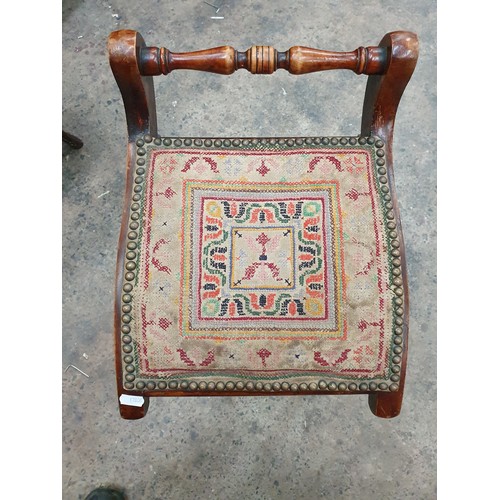 603 - Vintage wooden stool with tapestry seat