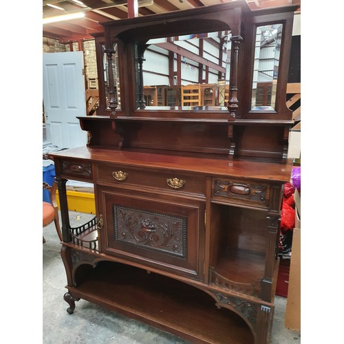 606 - Carved mirror back chiffonier with bevel edge mirrors , carved panel door