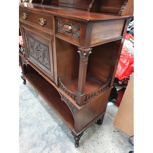 606 - Carved mirror back chiffonier with bevel edge mirrors , carved panel door