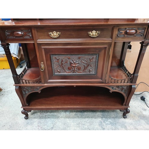 606 - Carved mirror back chiffonier with bevel edge mirrors , carved panel door