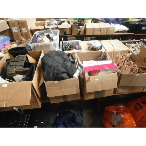 113 - Four boxes inc footwear, clothing, wigs, clothes hangers, etc