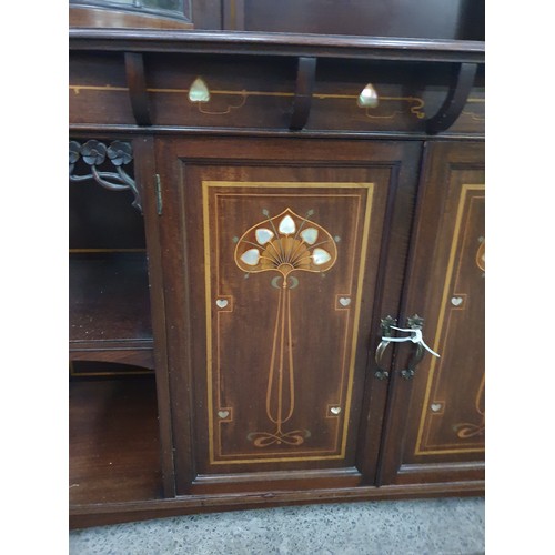 641 - Art deko inlaid chiffoner with mother of pearl inlay lead glass doors in good condition