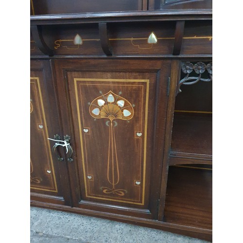 641 - Art deko inlaid chiffoner with mother of pearl inlay lead glass doors in good condition