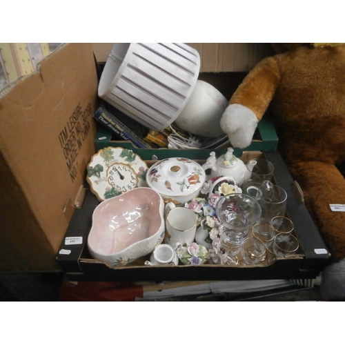 259 - Two boxes inc lamp, glassware, porcelain flowers, clock, etc