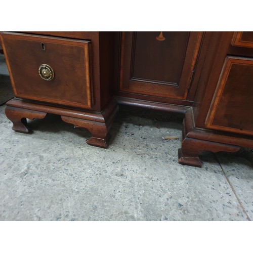 639 - A vintage 7 drawer inlaid mahogany fall front bureau desk with lower centre cupboard - one a/f handl... 