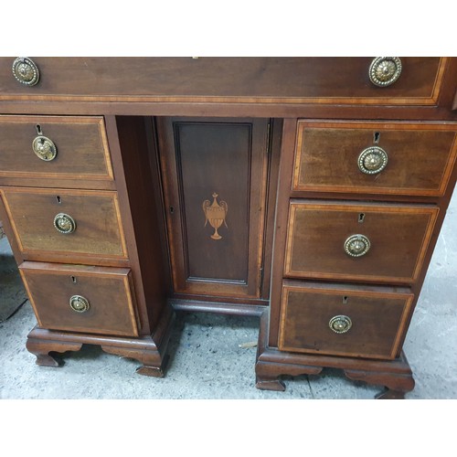 639 - A vintage 7 drawer inlaid mahogany fall front bureau desk with lower centre cupboard - one a/f handl... 